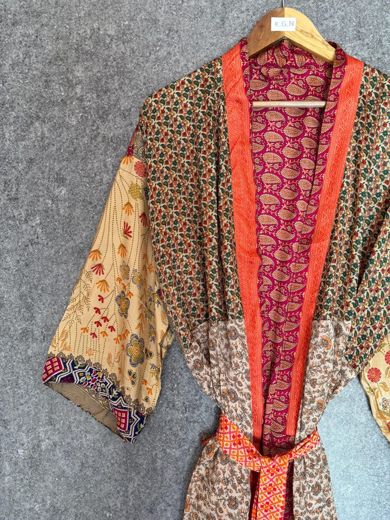 Hand Printed Silk Robe Summer Wear Silk Kimono Free Size Maxi Dress image 8