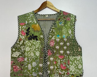 Indian Women Cotton Vest Jacket Quilted Patchwork Printed Jacket Sleeveless Cotton Coat