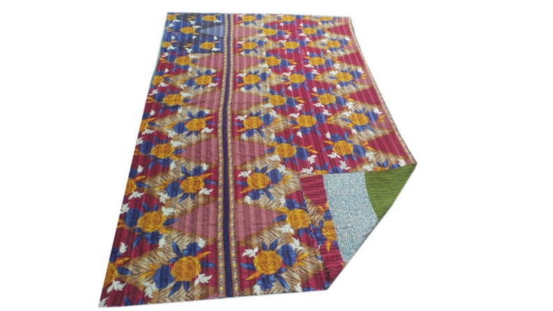 Vintage Kantha Quilt Gudri Reversible Throw Twin Handmade Bedspread Ralli Indian Cotton Gudri Twin Blanket Ralli