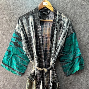 Vintage Silk Tie Dye Kimono Robe: Hand Printed Sari Cover Up