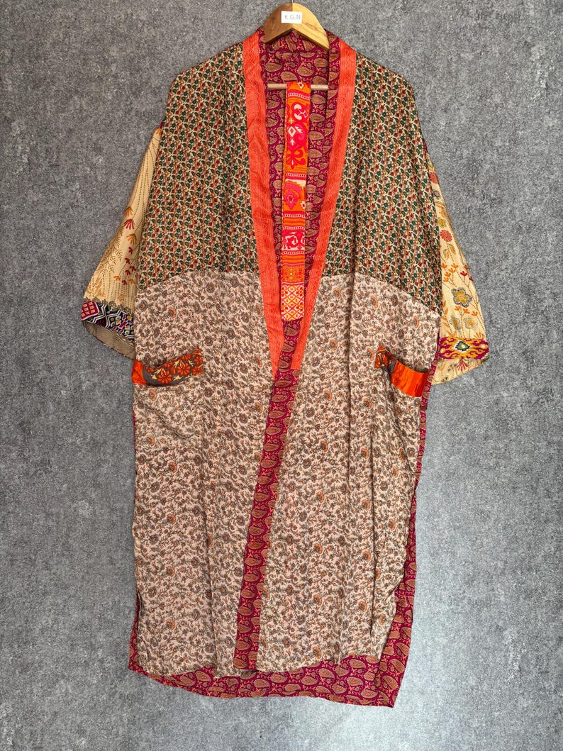 Hand Printed Silk Robe Summer Wear Silk Kimono Free Size Maxi Dress image 3