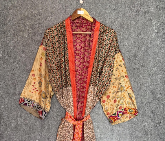 Hand Printed Silk Robe Summer Wear Silk Kimono Free Size Maxi Dress