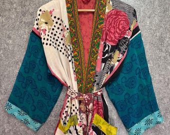 Szlafrok Sari z jedwabiu w stylu vintage, letni kimono z krepy jedwabnej, damski szlafrok