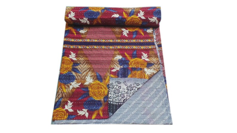 Vintage Kantha Quilt Gudri Reversible Throw Twin Handmade Bedspread Ralli Indian Cotton Gudri Twin Blanket Ralli