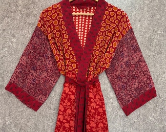 Recycled Silk Bohemian Robe Vintage Crepe Silk Short Kimono For To Be Moms