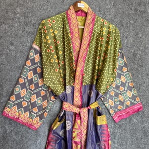 Silk Long Kimono Vintage Patchwork Robe Women Dressing Gown Nightwear Robe