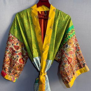 Floral Silk Blend Kimono Robe: Long Sleeve Sari Style Duster