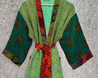 Roupão curto vintage em crepe de seda para festas, saída de praia, tamanho único, estilo quimono. Ideal para presente.