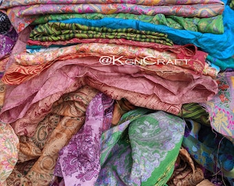 Recyled vintage Silk Sari Fabric Fat Quarter and Smaller Cuts,Saree for Embellishment,Sale! Recycled Sari Silk Ribbon, Multi Mix Jewel Tones