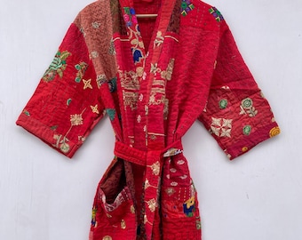 Cotton Kantha Quilted Kimono Robe: Patchwork Overcoat Boho Jacket