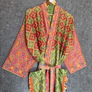 Indian Silk Saree Robe Beach Cover Up Pocket Wear Kimono Free Size