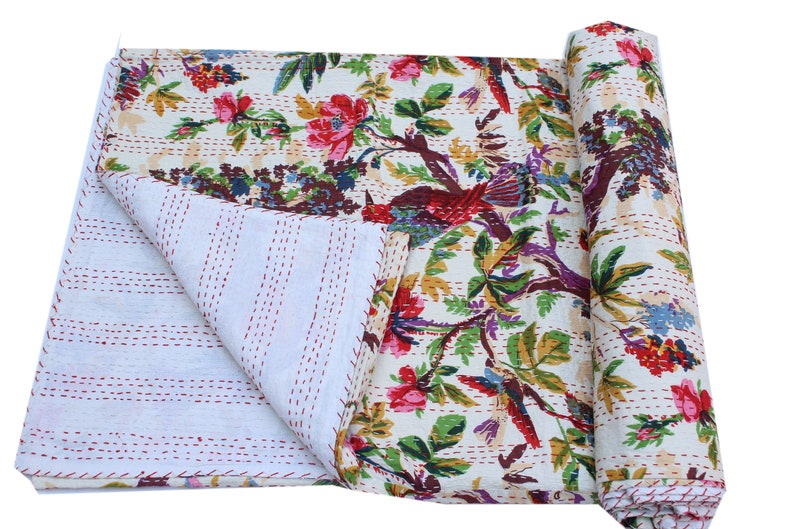 Indian Bird Print Cotton Blanket Kantha Quilt Handmade Kantha Bedcover Throw Cotton Blanket Gudri Queen Kantha Bedspread Quilts Blankets Throws Lifepharmafze Com