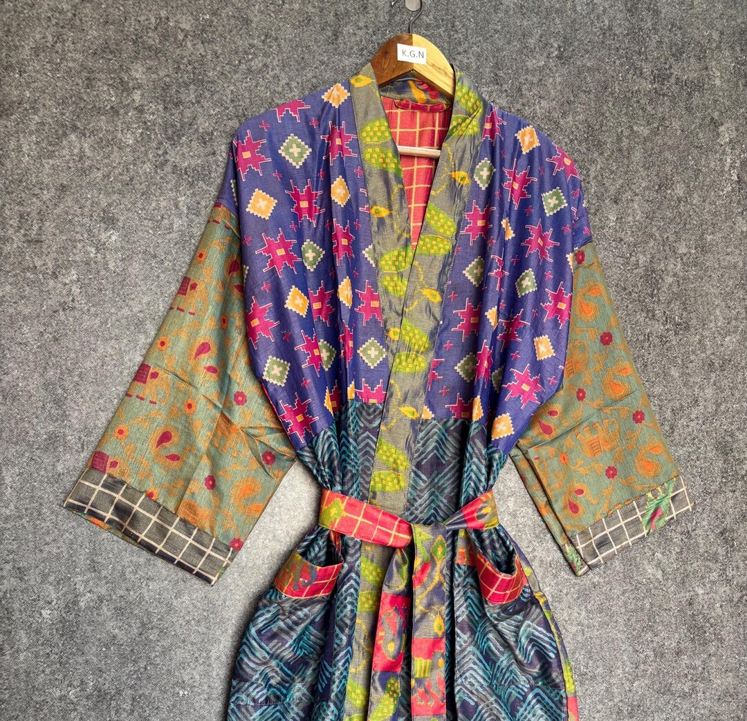Sari Robe Indian Vintage Silk Sari Robe Hand Printed Bridal Kimono One Size Robe ...