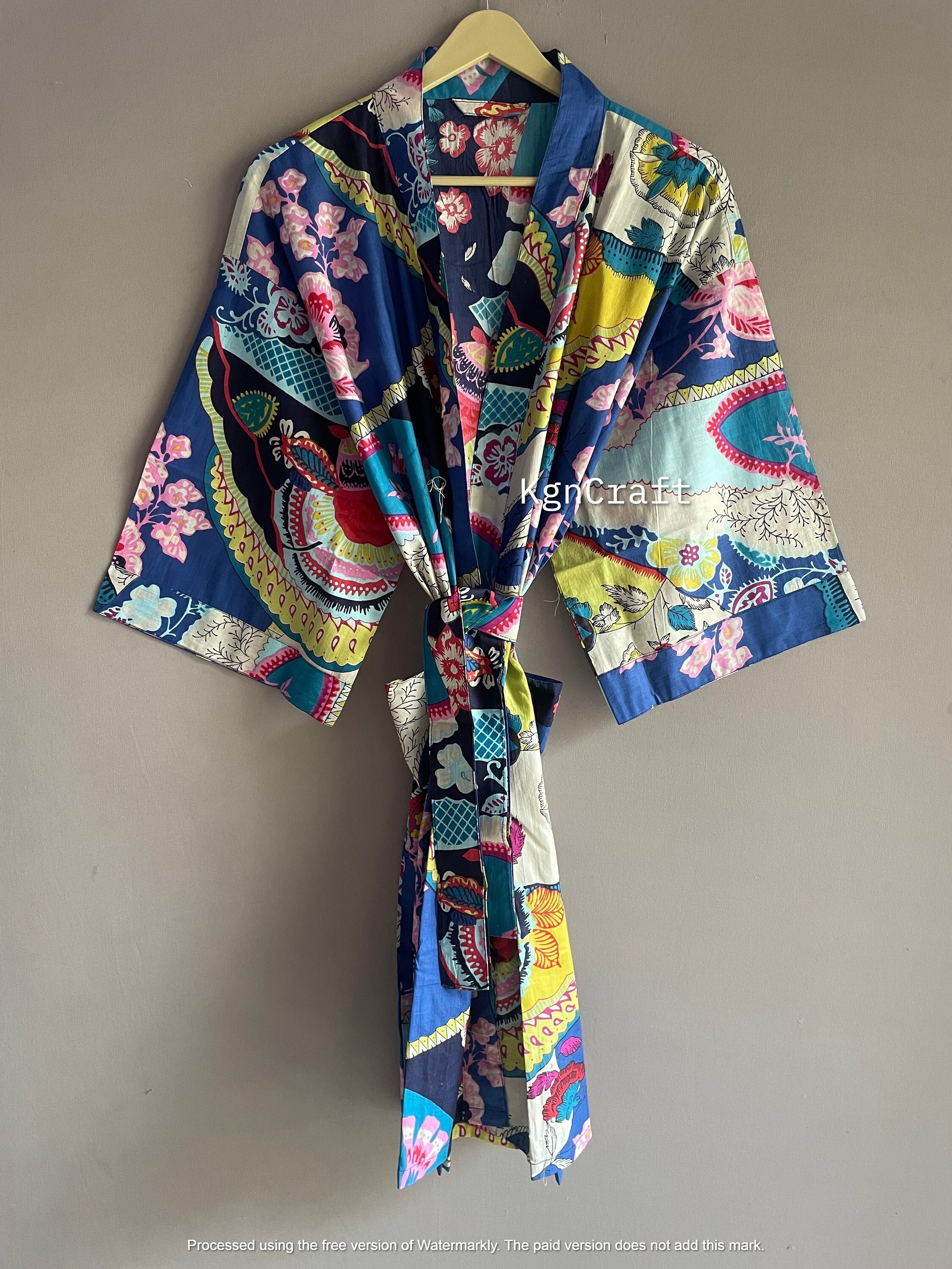 Bata tipo kimono de algodón, bata de dama de honor con estampado de bloques, ropa de dormir de verano, talla única