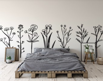 Decorative Flowers Wall Decal  - Fake Meadow Decal, Vinyl Wall Decal, Living Room, Bedroom,Hand Drawn