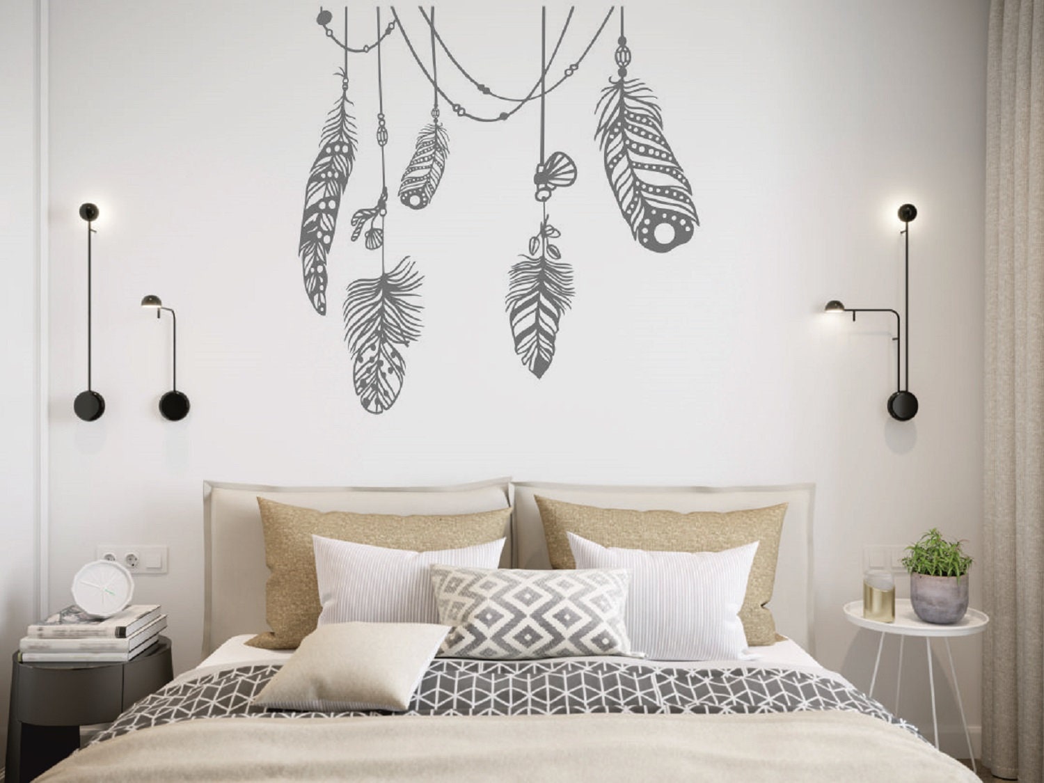 Boho Feather Decal Bedroom Wall Decal Kids Room Wall Etsy