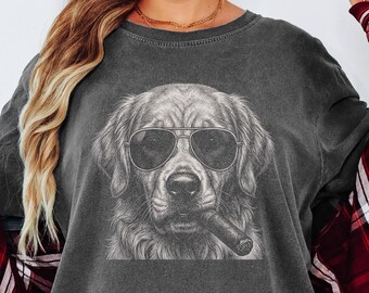 Golden Retriever Graphic Tee – Funny Dog Shirt with Sunglasses and Cigar, Unisex Casual Tee, Canine Lover Gift, Vintage Vibe