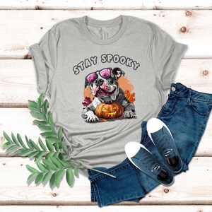 May include: Gray t-shirt with a graphic of a bulldog wearing sunglasses and holding a pumpkin. The text "Stay Spooky" is printed on the shirt.