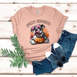 Pitbull Stay Spooky T-Shirt Pit bull Dog Shirt Dog Funny Halloween Shirt Pitbull Cute Halloween T-Shirt Halloween Gift Shirt Ghost Dog Tee Heather Prism Peach