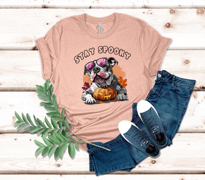 Pitbull Stay Spooky T-Shirt Pit bull Dog Shirt Dog Funny Halloween Shirt Pitbull Cute Halloween T-Shirt Halloween Gift Shirt Ghost Dog Tee Heather Prism Peach