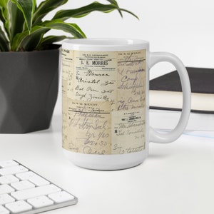 Op de afbeelding: Een witte keramische mok met een vintage ontwerp. De mok is bedekt met een collage van oude receptetiketten met handgeschreven tekst, waaronder de namen "L.E. Morris", "Munro", "Aristol", "Bal Peru", "Stry Sul" en "Freeman".