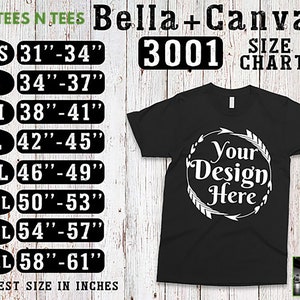 Pode incluir: Camiseta unisex preta Bella + Canvas 3001 com um gr&aacute;fico branco que diz "Your Design Here" em um c&iacute;rculo com flechas. O gr&aacute;fico de tamanhos mostra os tamanhos do peito em polegadas de XS (31-34 polegadas) a 4XL (58-61 polegadas).