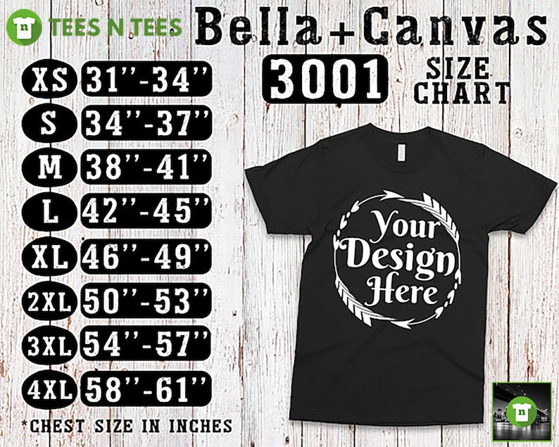 K&ouml;nnte beinhalten: Schwarzes Unisex-T-Shirt von Bella + Canvas 3001 mit einem wei&szlig;en Aufdruck, der "Your Design Here" in einem Kreis mit Pfeilen zeigt. Die Gr&ouml;&szlig;entabelle zeigt Brustgr&ouml;&szlig;en in Zoll von XS (31-34 Zoll) bis 4XL (58-61 Zoll).