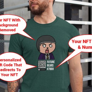May include: A dark green t-shirt featuring a cartoon bear character with a surprised expression. The shirt includes the text "FUTURE BEARS #7869" and a QR code. The design is centered on the chest.