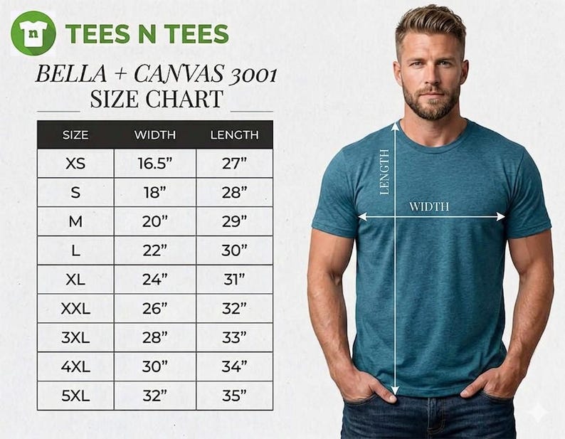 Puede incluir: Tabla de tallas de camiseta Bella + Canvas 3001 turquesa con medidas en cm. La tabla incluye tallas XS a 5XL, con anchos de 41,9 cm a 81,3 cm y largos de 68,6 cm a 88,9 cm. Un hombre modela la camiseta.