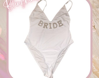 BRIDE | WIFEY | MRS Personalised 'Barcelona' Embellished Swimsuit/Costume (Perfect for a Hen party, Hen do, Honeymoon, Staycation, Holiday)