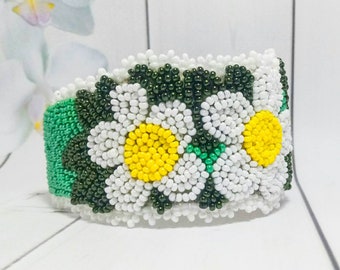 Floral Green Cuff Embroidery bracelet Bead embroidery Multicolor jewelry Bracelet Chamomile Embroidery bead Flower gift