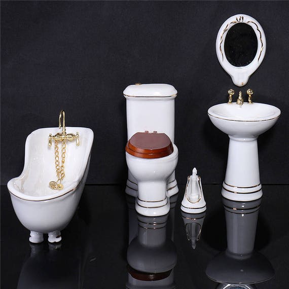 1//24 Dollhouse Miniature Bathroom Ceramic Bathtub Toilet Toy Decor White