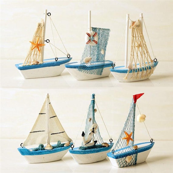 4PCS Mini Sailboat Model Ornament Mediterranean Fishing Boat Style Wooden Craft