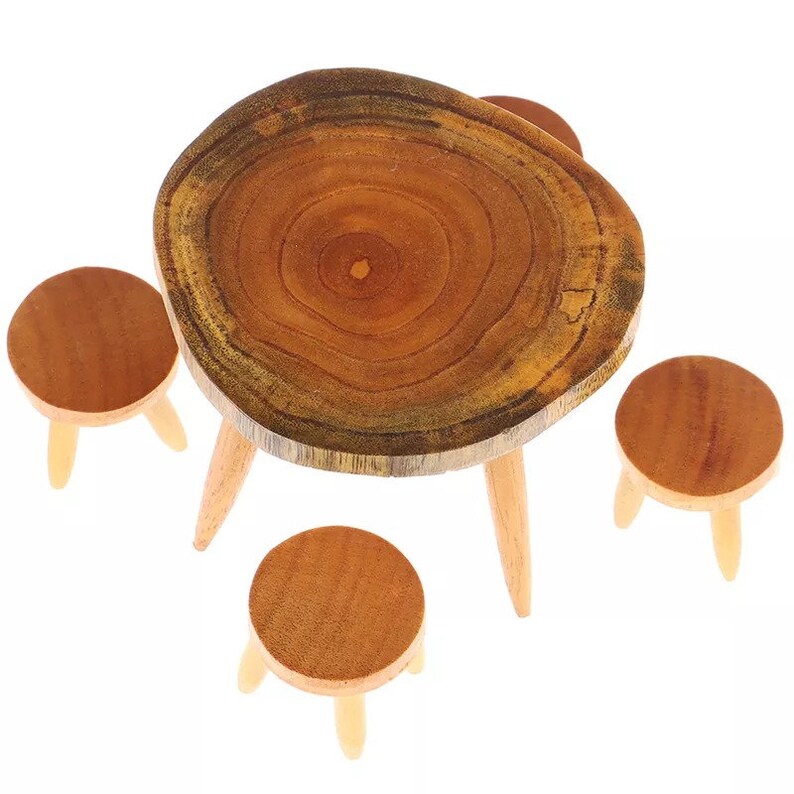 Details about   Wooden Round Table With Stool Doll House Furniture 5pcs Set Craft Decoration New