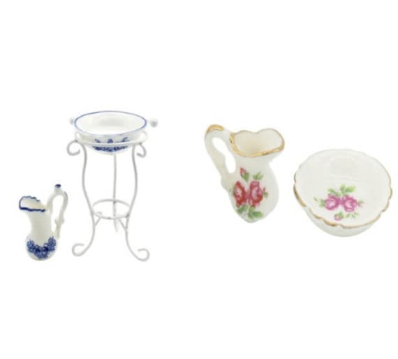 1//12 Dollhouse Miniature Porcelain Water Pot Washbasin Bathroom Accessories