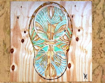 Wood wall art one of a kind hanging carved wood etching and acrylic