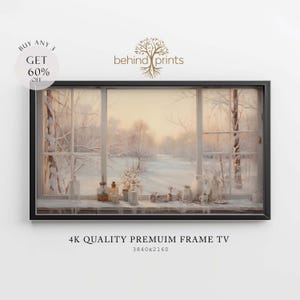 May include: A framed painting of a snowy winter scene viewed through a window. The windowsill is decorated with glass bottles and other decorative items. The painting is 3840x2160 pixels and is a 4K quality premium frame TV.