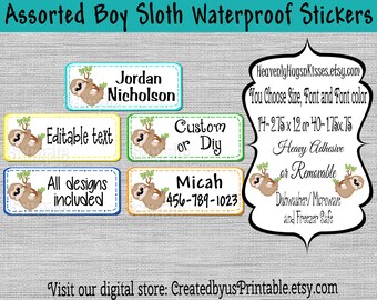 Boy sloth waterproof kid's labels dishwasher safe Name labels Daycare labels Name tags School labels Baby bottle decals Sippy cup stickers