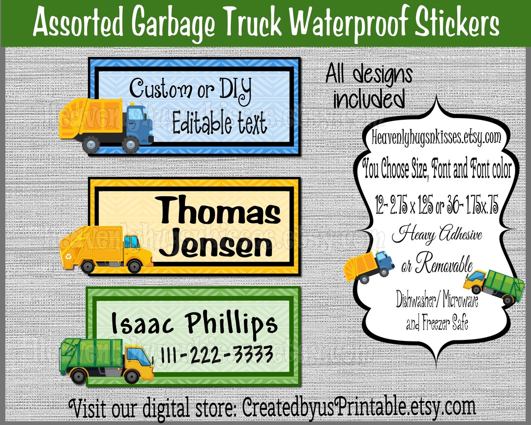 Garbage Truck Name Stickers Dishwasher Safe Waterproof Kid's Labels