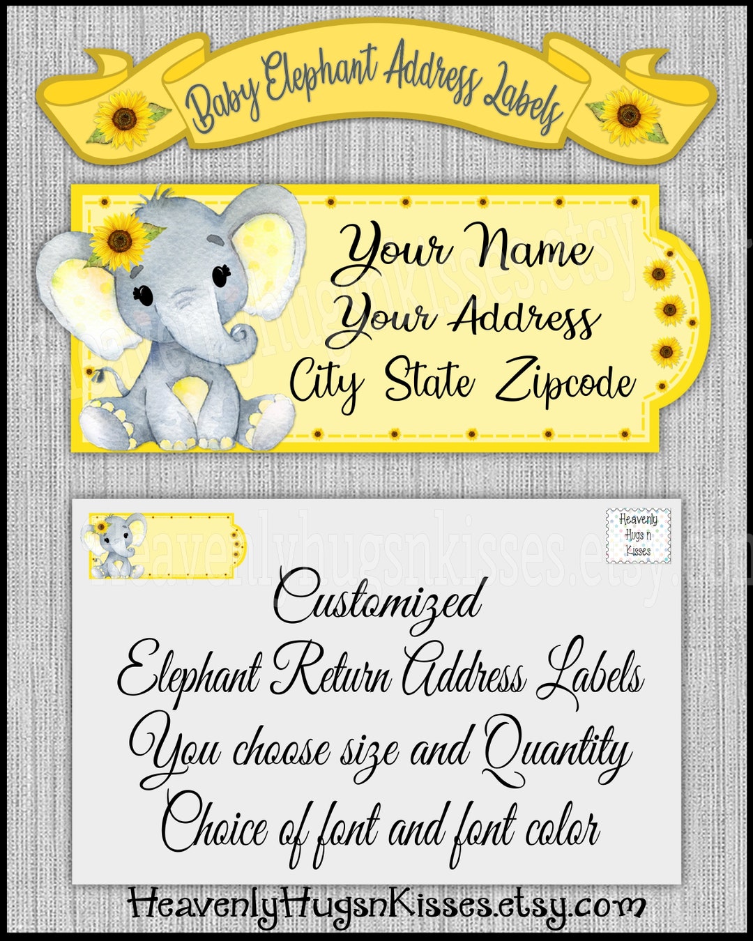 Baby Girl Sunflower Elephant Address Labels Elephant Baby Shower Address Labels Return Address