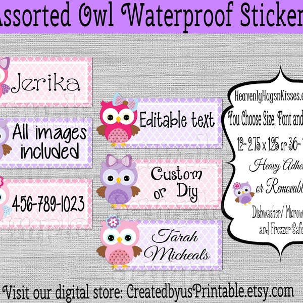 Girl Owl dishwasher safe and waterproof kid's labels Name sticker Daycare sticker Name tags School labels Baby bottle decals Sippy cup label