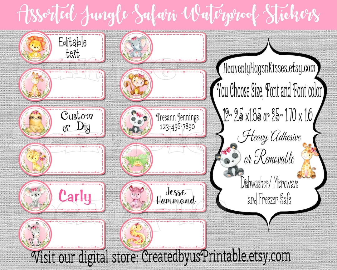 Daycare Labels Girl Jungle Safari Dishwasher Safe Waterproof Kid's ...
