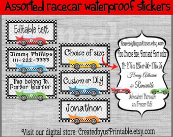 May include: Assorted waterproof racecar stickers with customizable text, phone numbers, and names. Choose from two sizes: 2.75 x 1.25 inches or 1.75 x .75 inches. Stickers are heavy adhesive or removable, dishwasher, microwave, and freezer safe.