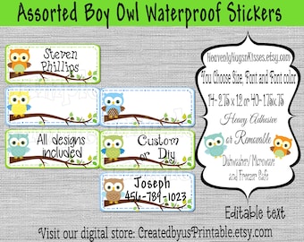 Boy Owl dishwasher safe and waterproof kid's labels Name labels Daycare labels Name tags School labels Baby bottle decals Sippy cup label