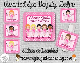 12 Spa Day lip balm labels or 6 Assembled Lip balm Birthday Party Favors Treat bag favor Birthday party goods Lipbalm wrappers Lipbalm favor