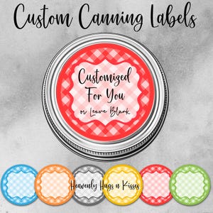 May include: A round canning jar lid featuring a red and white gingham pattern with a scalloped white center containing the text Customized For You or Leave Blank. Below are six additional circular labels in blue, orange, gray, yellow, pink, and green.
