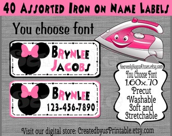 40 Custom Iron On Labels Iron On Clothing Labels Minnie Daycare Labels Kids Name Labels Personalized Iron on Tags Camp Clothing Labels