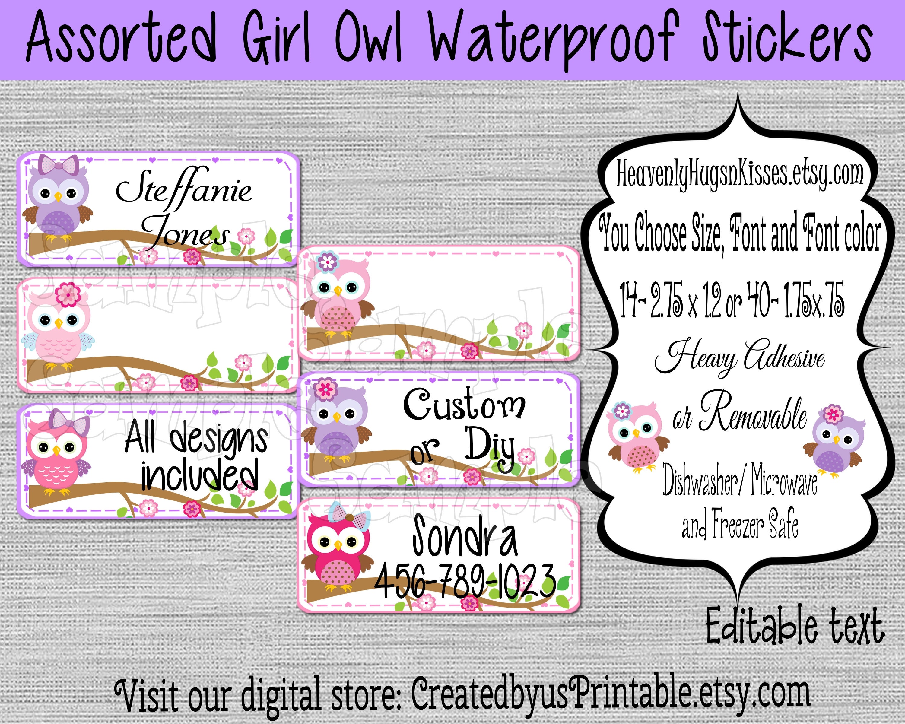Girl Owl Dishwasher Safe Waterproof Name Labels Kid S Etsy