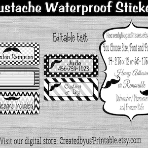 Waterproof Mustache labels Dishwasher safe Boy School labels Kid&#39;s Labels name stickers Daycare Sticker name tags This belongs to stickers