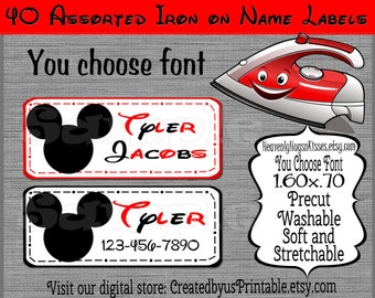 40 Custom Iron On Labels Mickey Iron On Clothing Labels Daycare Labels Kids Name Labels Personalized Iron on Tags Camp Clothing Labels